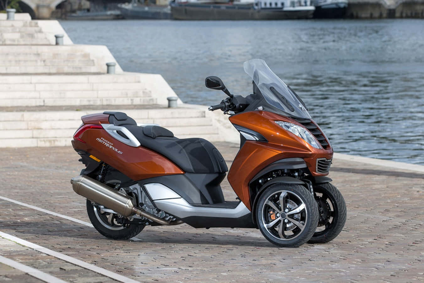 Peugeot Metropolis Orange Scooter Riverside Parking Wallpaper