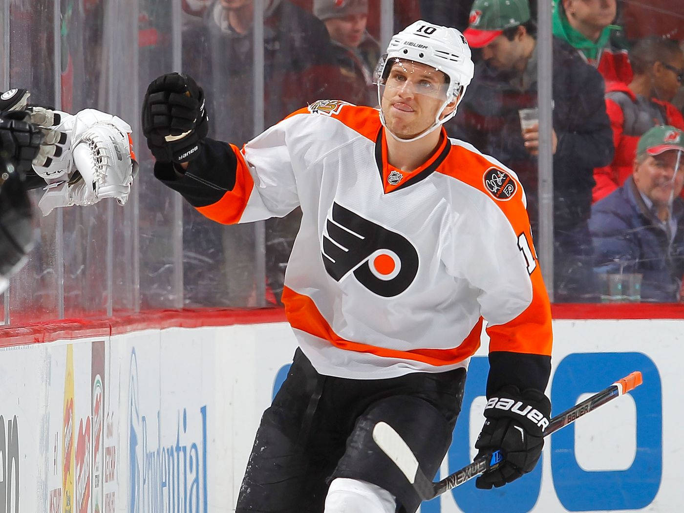 Philadelphia Flyers Brayden Schenn Fist Bump With Teammate Wallpaper