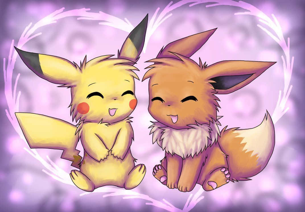 Pikachu And Eevee, Two Of The Most Popular Pokémon Characters, Cuddling Together. Wallpaper