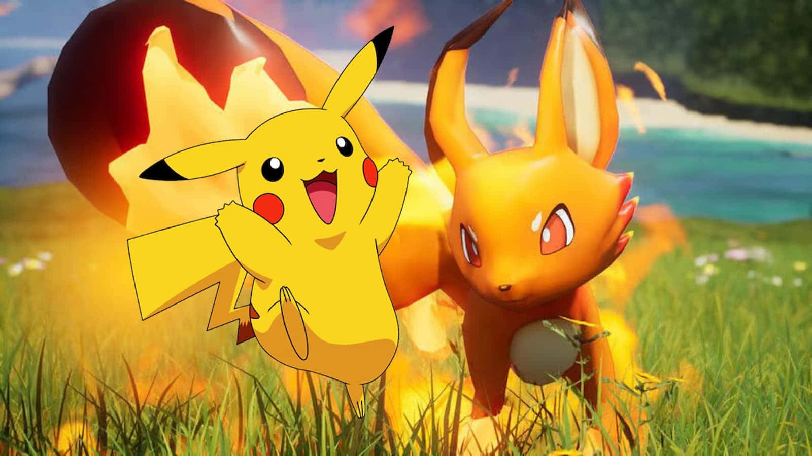 Pikachuand Flareon Palworld Adventure Wallpaper