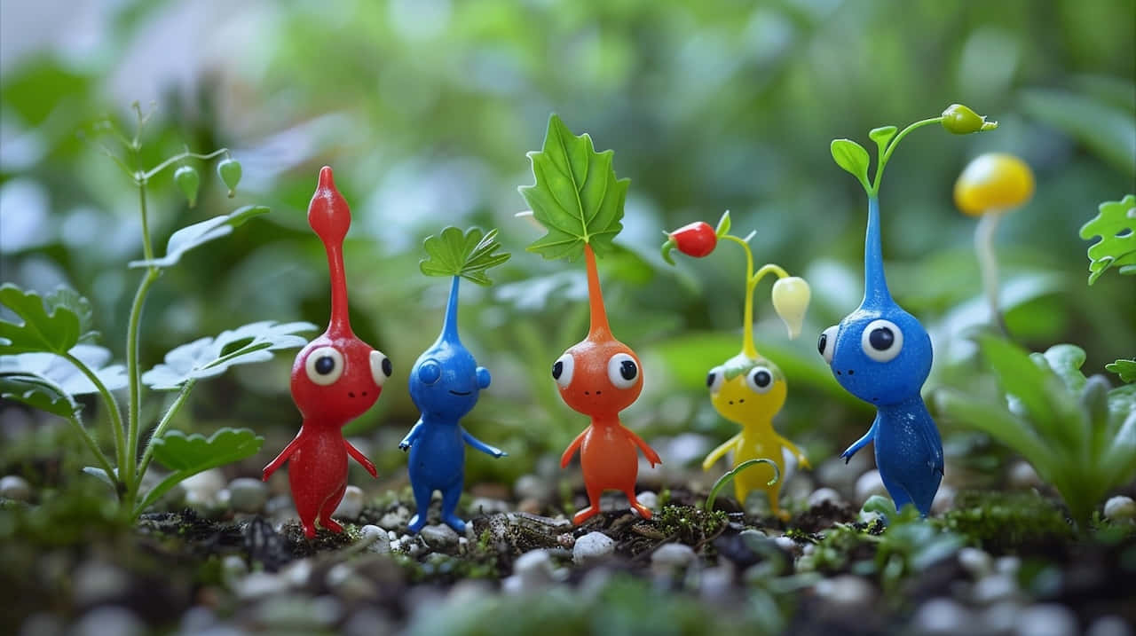 Pikmin Figurines Nature Backdrop Wallpaper