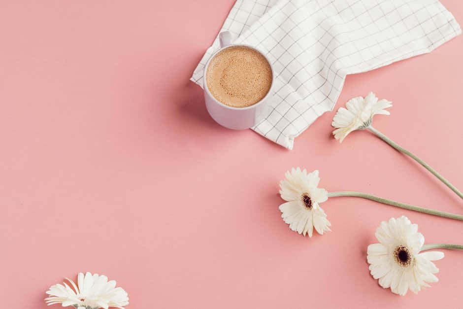 Pink Aesthetic Coffeeand Flowers Flatlay Wallpaper