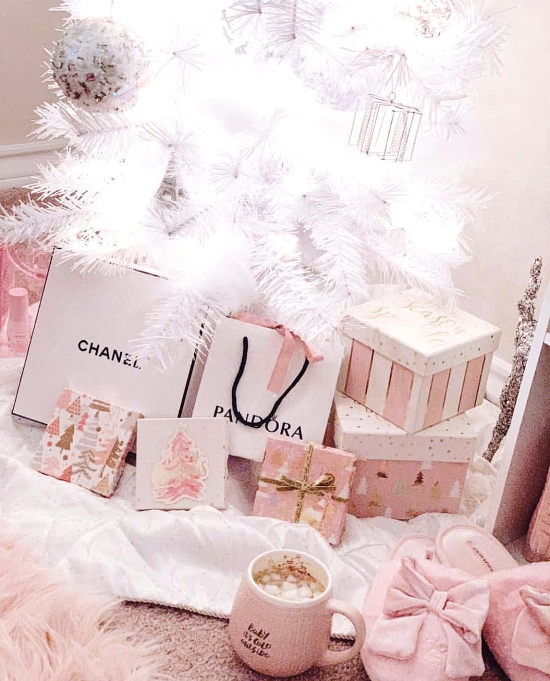 Pink Christmas Treeand Gifts Aesthetic Wallpaper