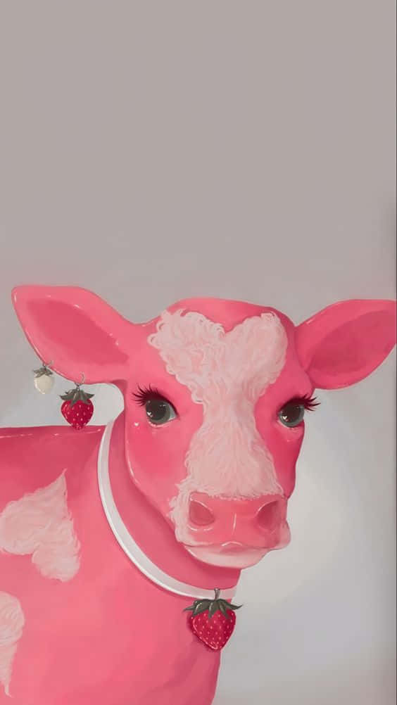 Pink Cow With Strawberry Earrings Wallpaper