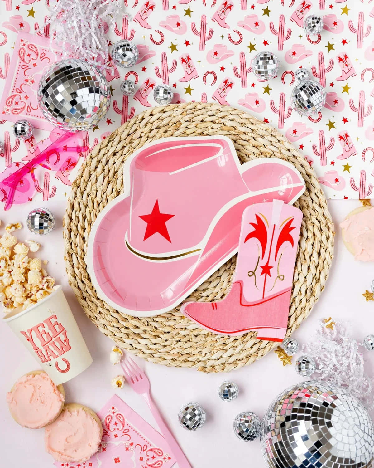 Pink Cowgirl Party Theme Flatlay Wallpaper