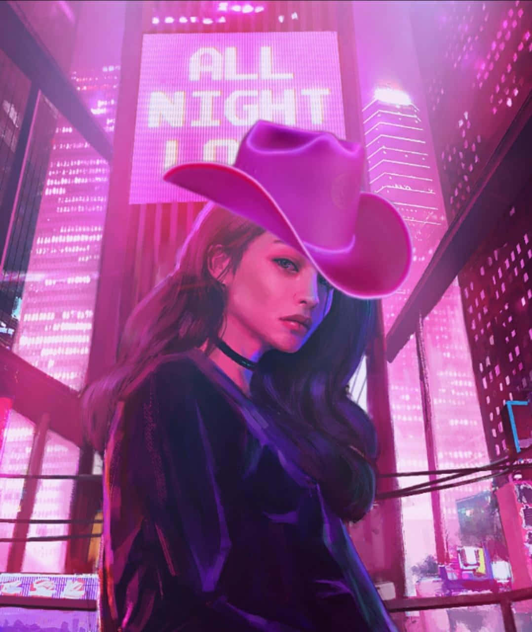 Pink Cowgirl Urban Nightscape Wallpaper