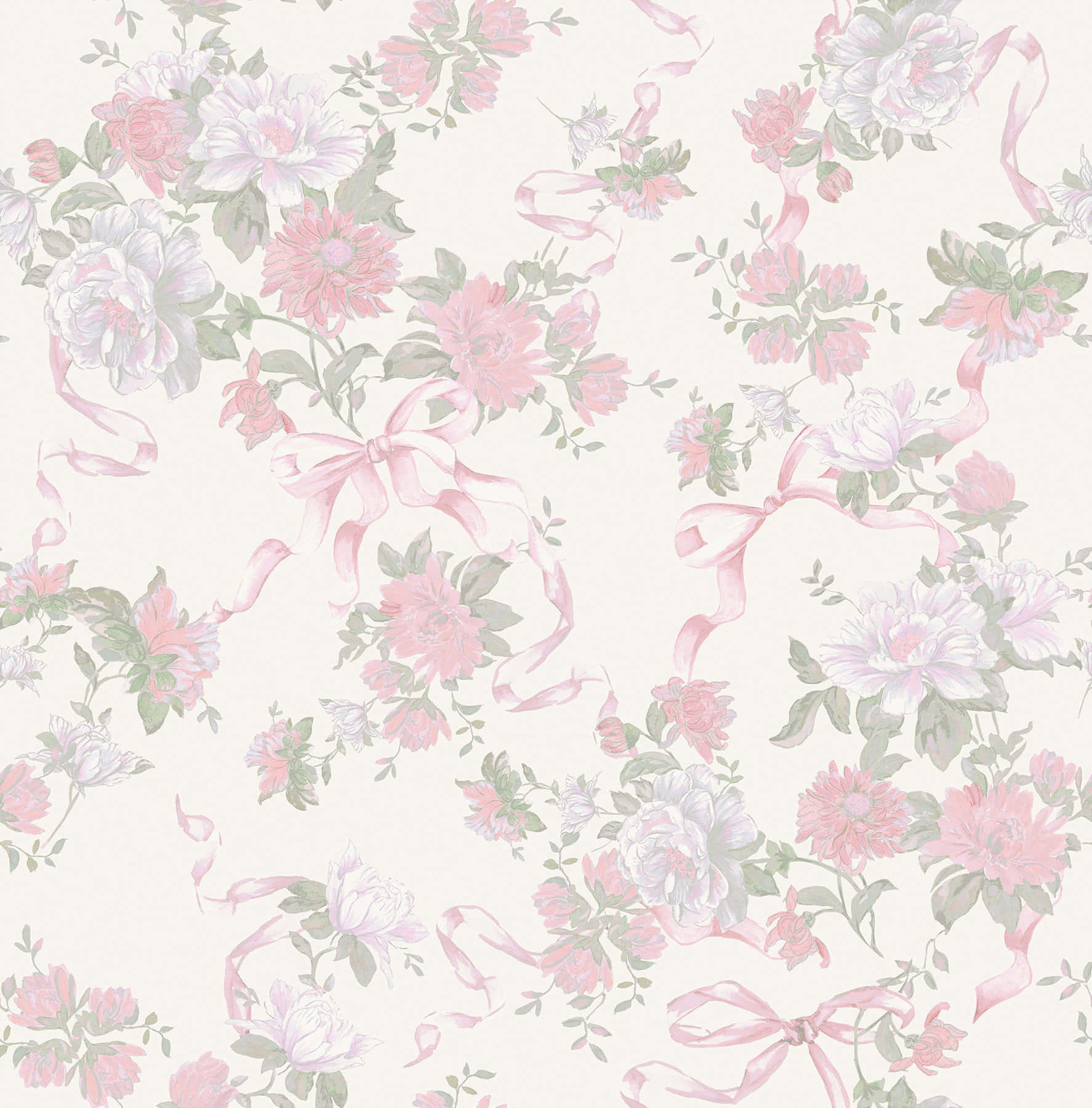 Pink Floral Patternwith Ribbons Wallpaper