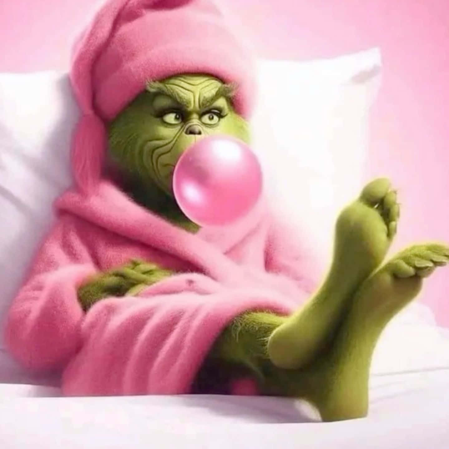 Pink Robed Grinch Blowing Bubblegum Wallpaper