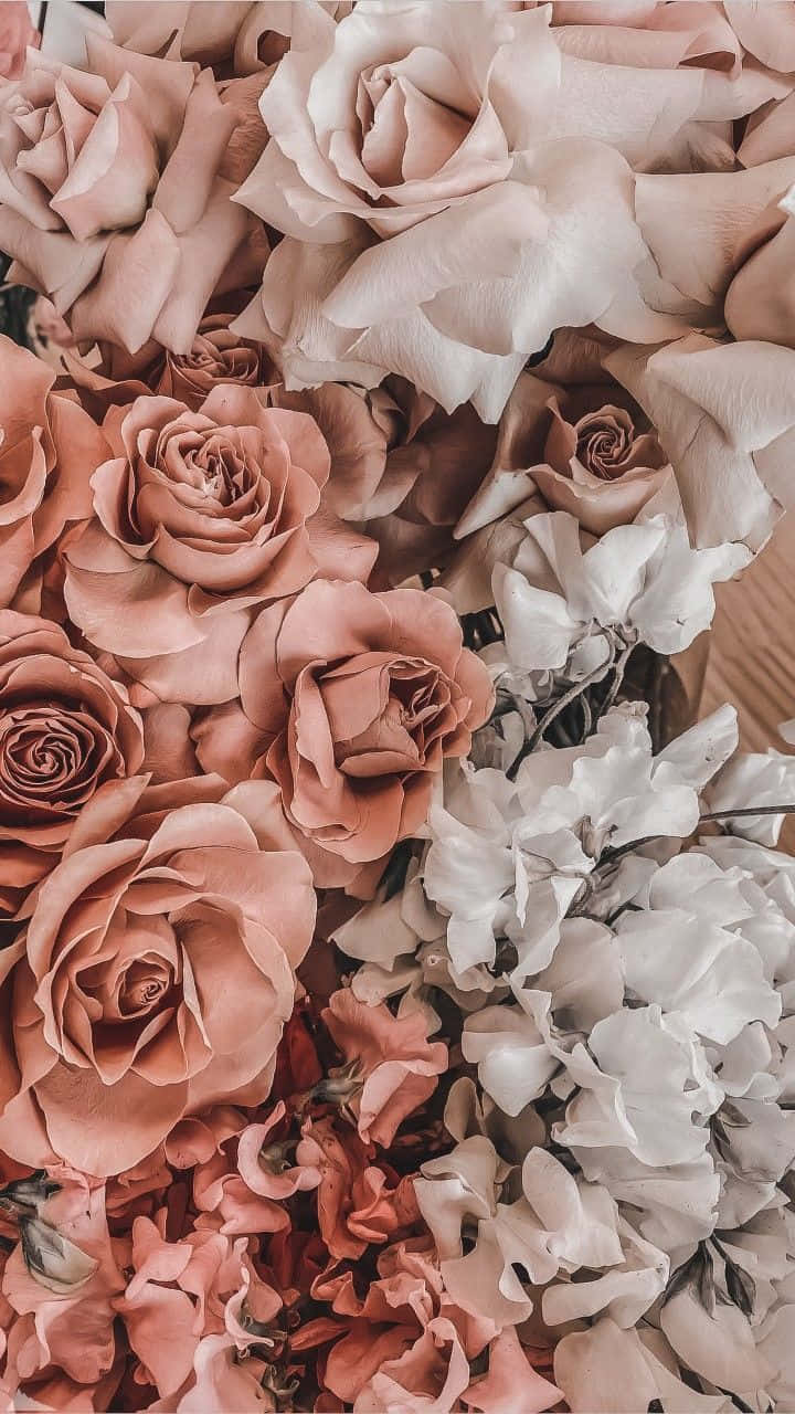 Pink Roses In A Vase On A Wooden Table Wallpaper