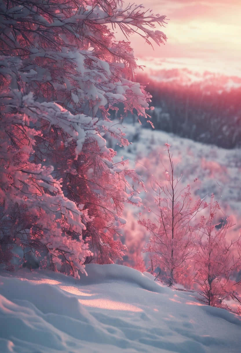 Pink Snowy Sunset Winter Landscape Wallpaper