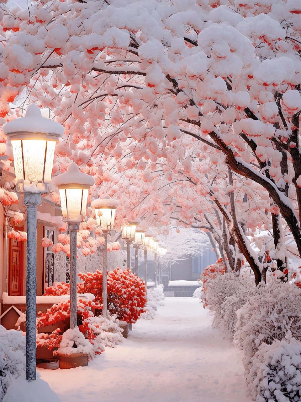 Pink Snowy Winter Pathway Lanterns Wallpaper