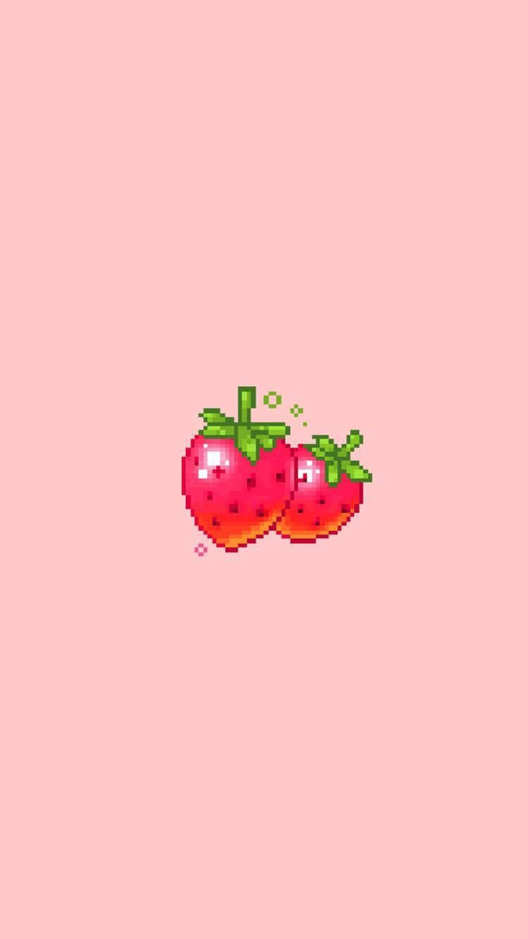 Pixelated Strawberries Pink Background Wallpaper