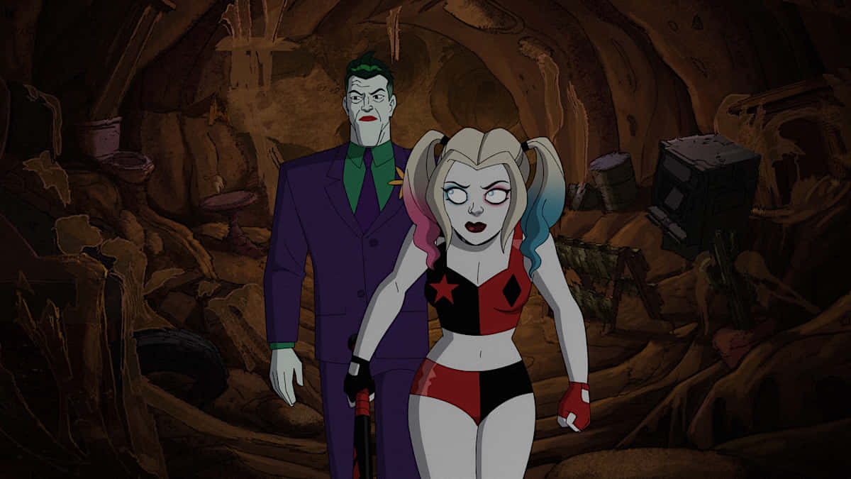 Playful Chaos Of Harley Quinn And Joker In Cartoon Form Wallpaper