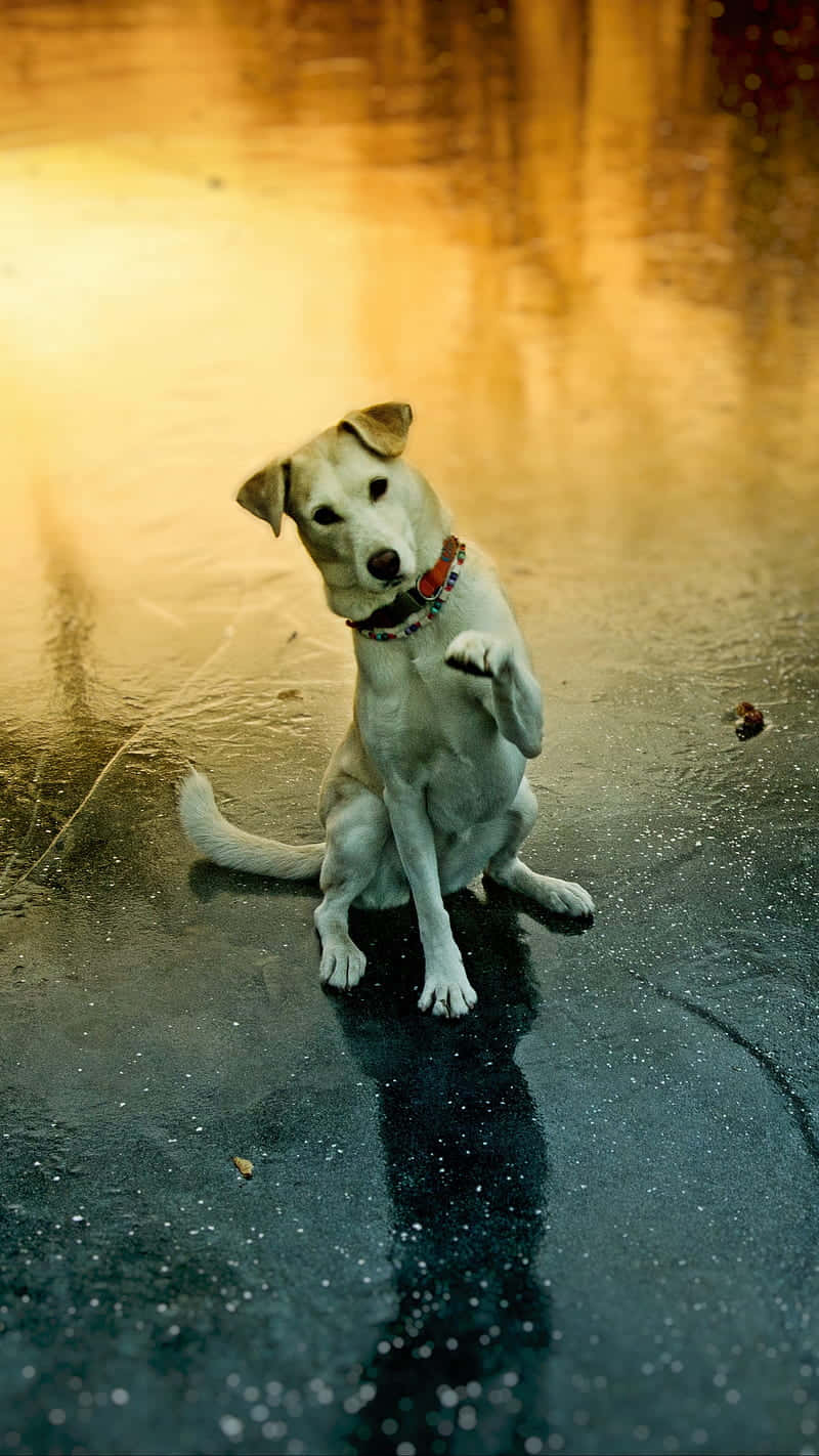 Playful Dog On Wet Pavement Wallpaper