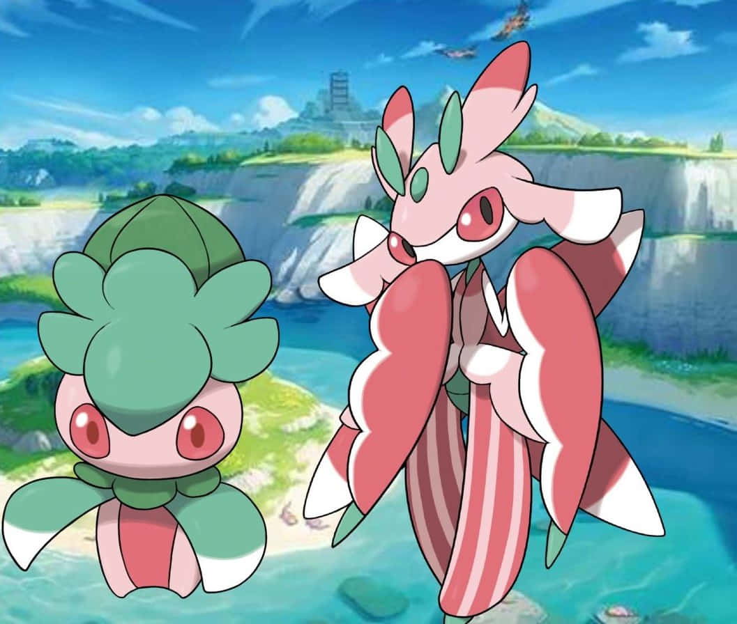 Pokémon Fomantis And Lurantis In Flowing River Wallpaper