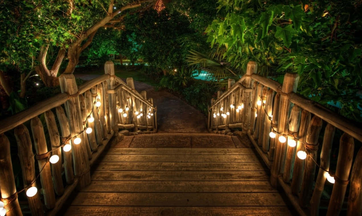 Pool Resort Wooden Bridge With Lights Wallpaper