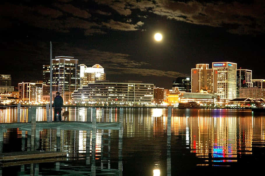 Portsmouth Night Skyline Reflection Wallpaper