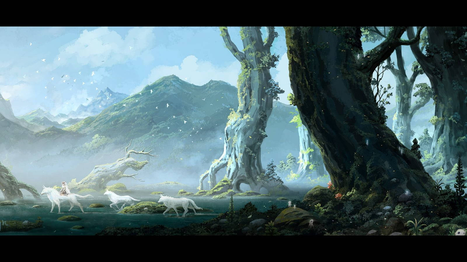 Princess Mononoke In The Forest With White Wolves Wallpaper