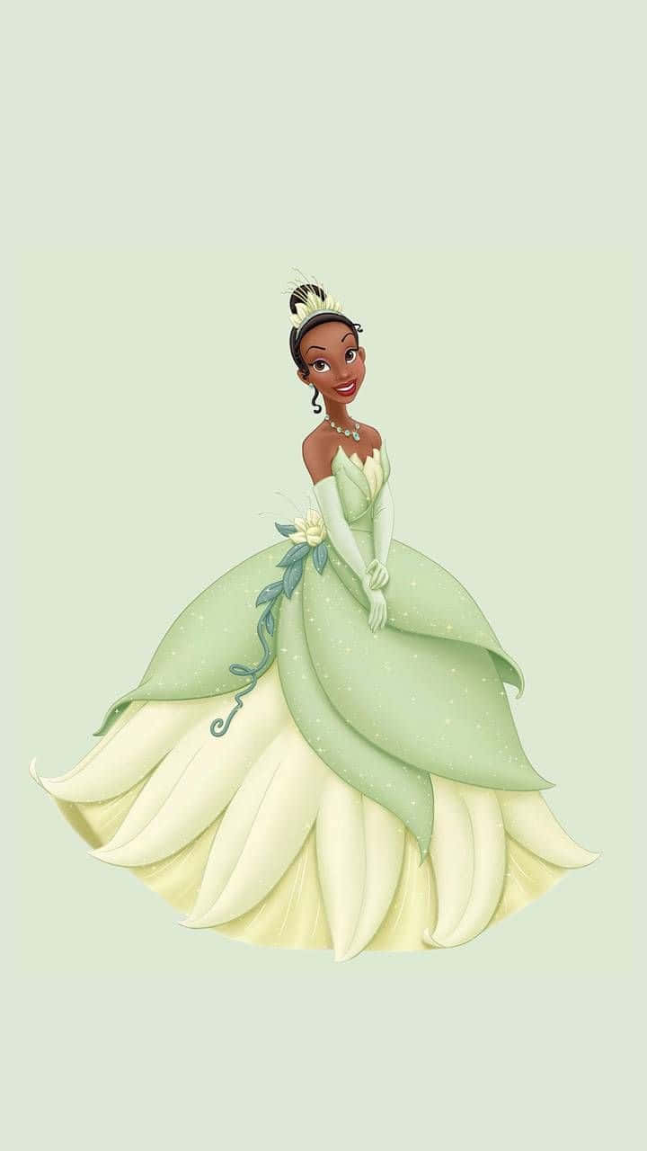 Princess Tiana Sparkling In A Stunning Golden Dress Wallpaper