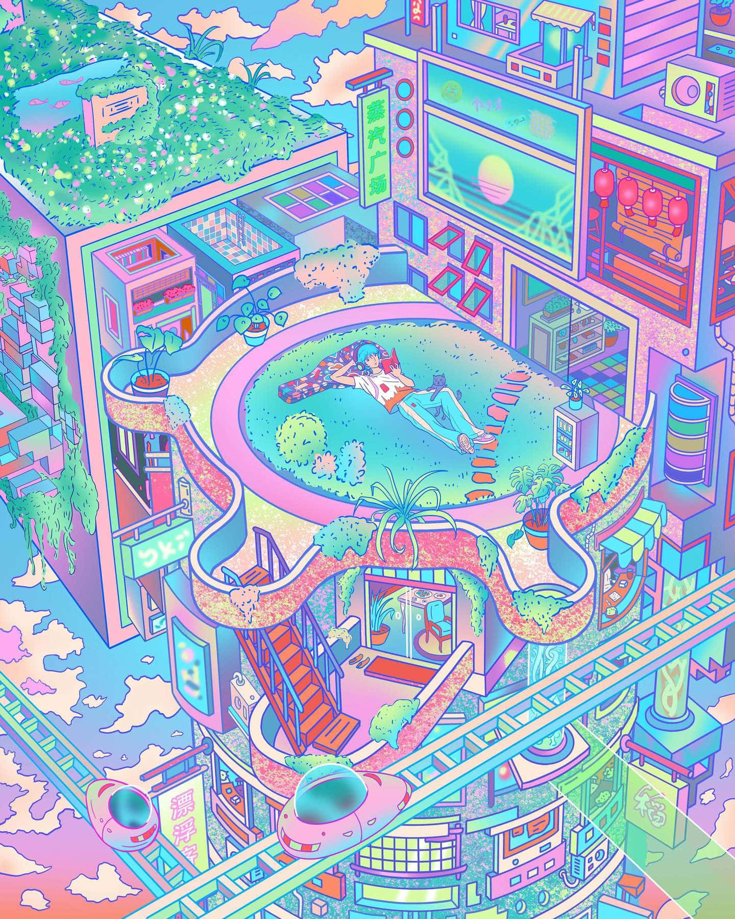 Psychedelic Anime Cityscape Wallpaper