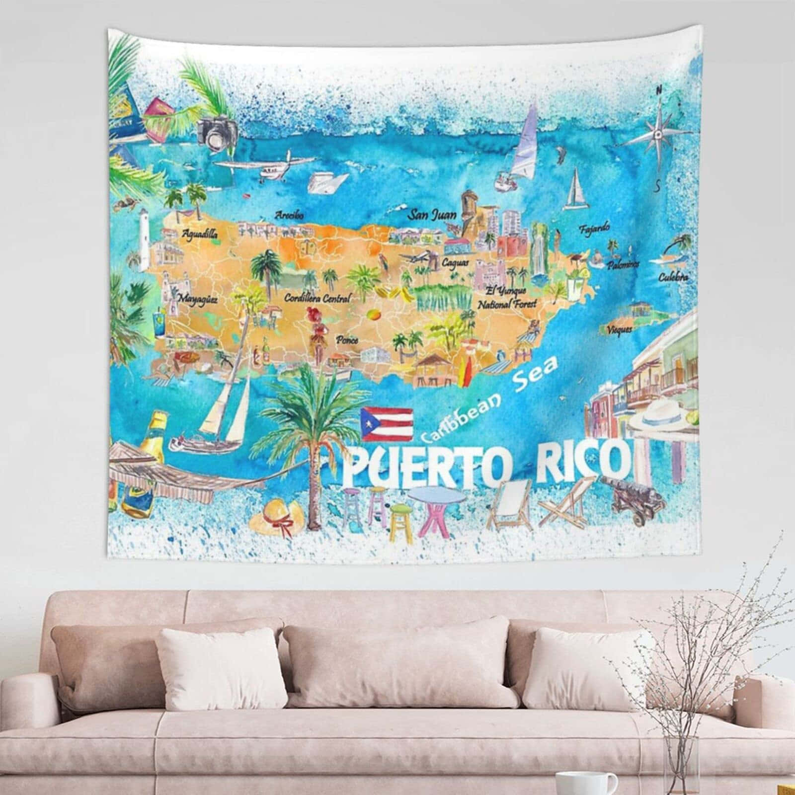 Puerto Rico Map Art Tapestry Wallpaper