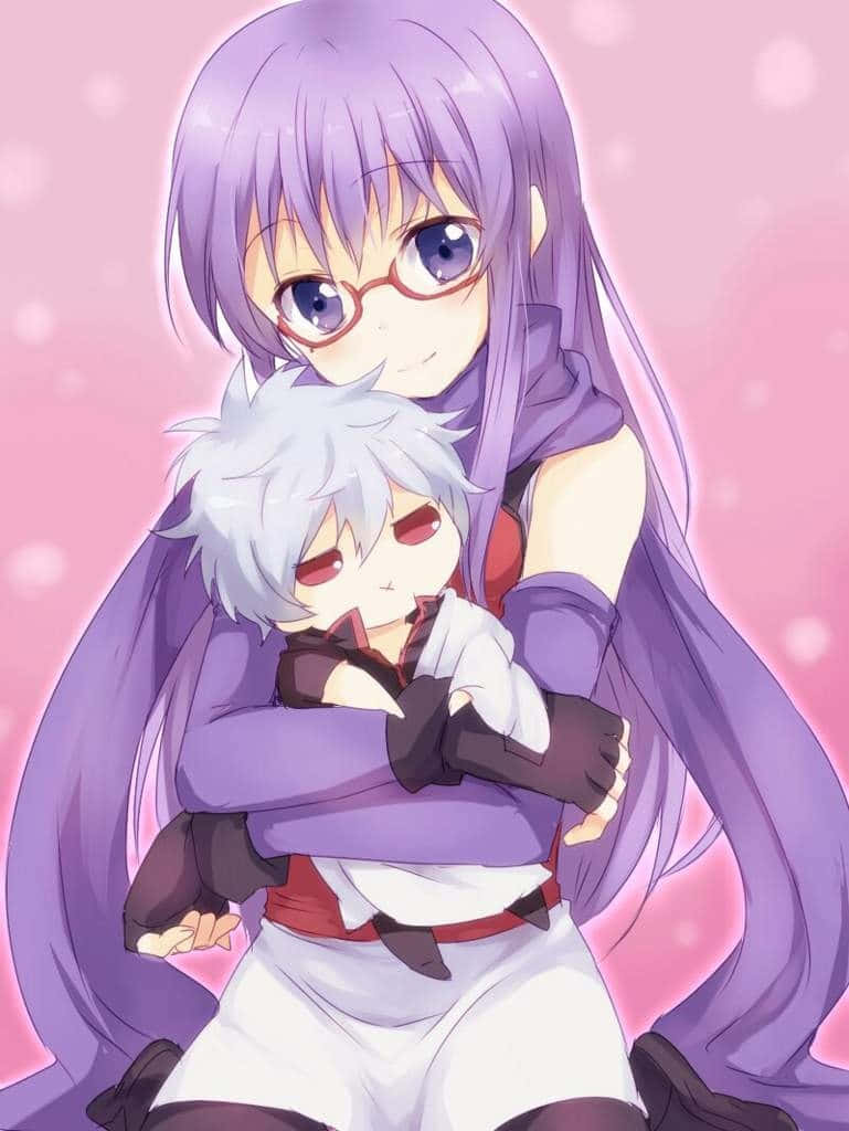 Purple Haired Anime Character Hugging Small White Haired Character Wallpaper