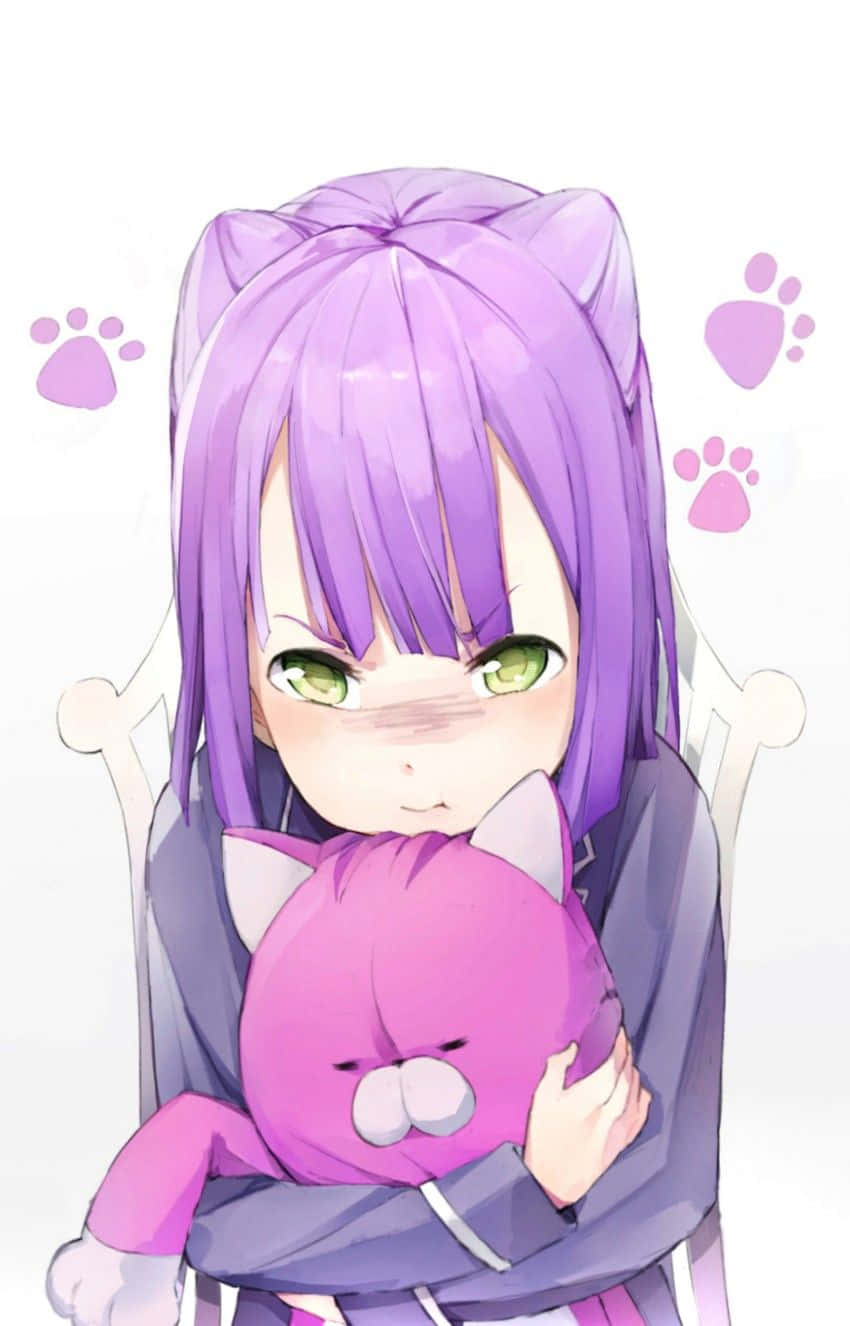 Purple Haired Anime Girlwith Cat Plushie Wallpaper