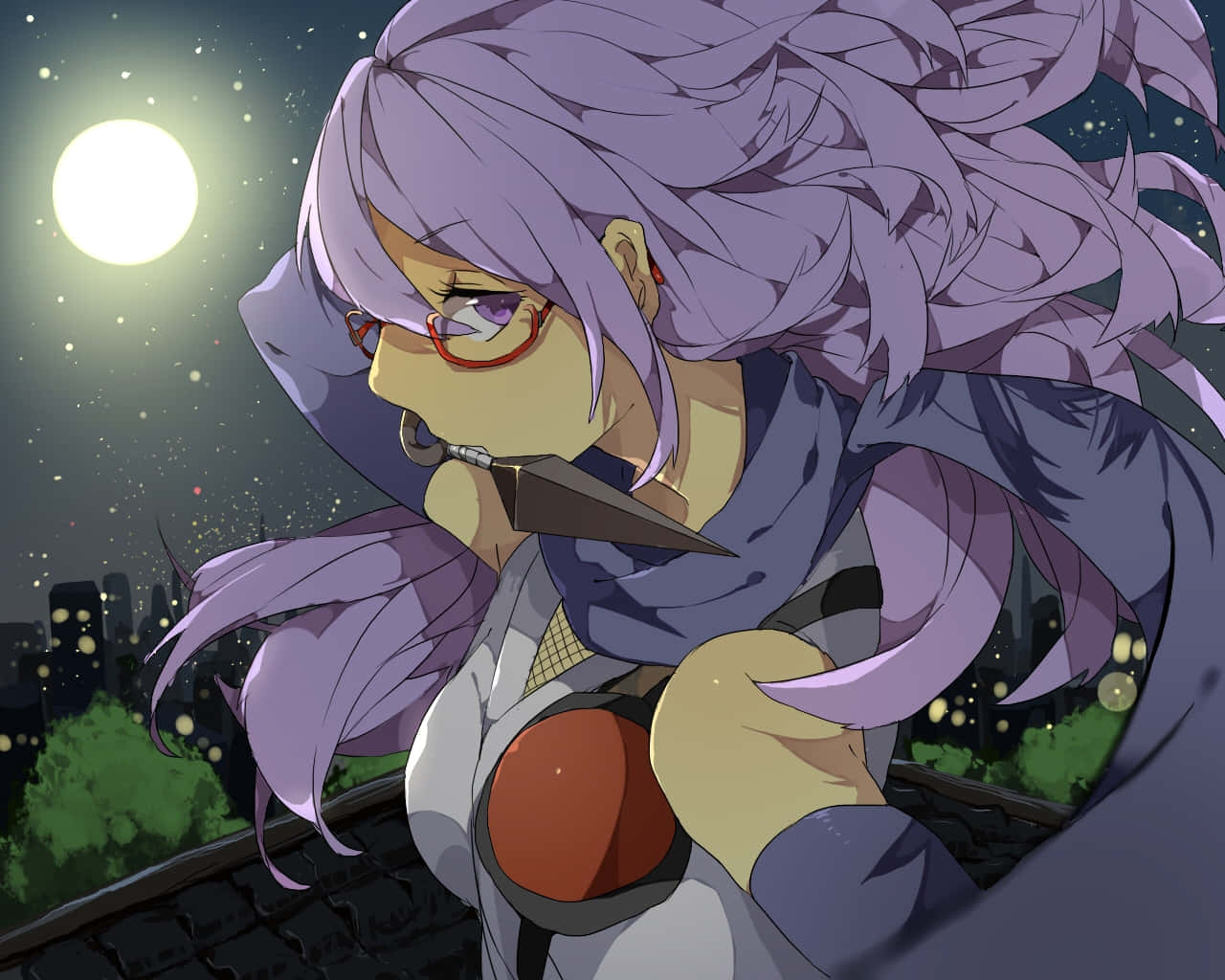 Purple Haired Anime Ninja Under Moonlight Wallpaper