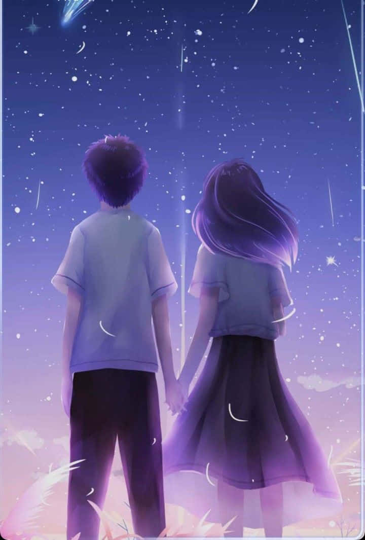 Purple Romance Anime Student Couple Holding Hands Wallpaper