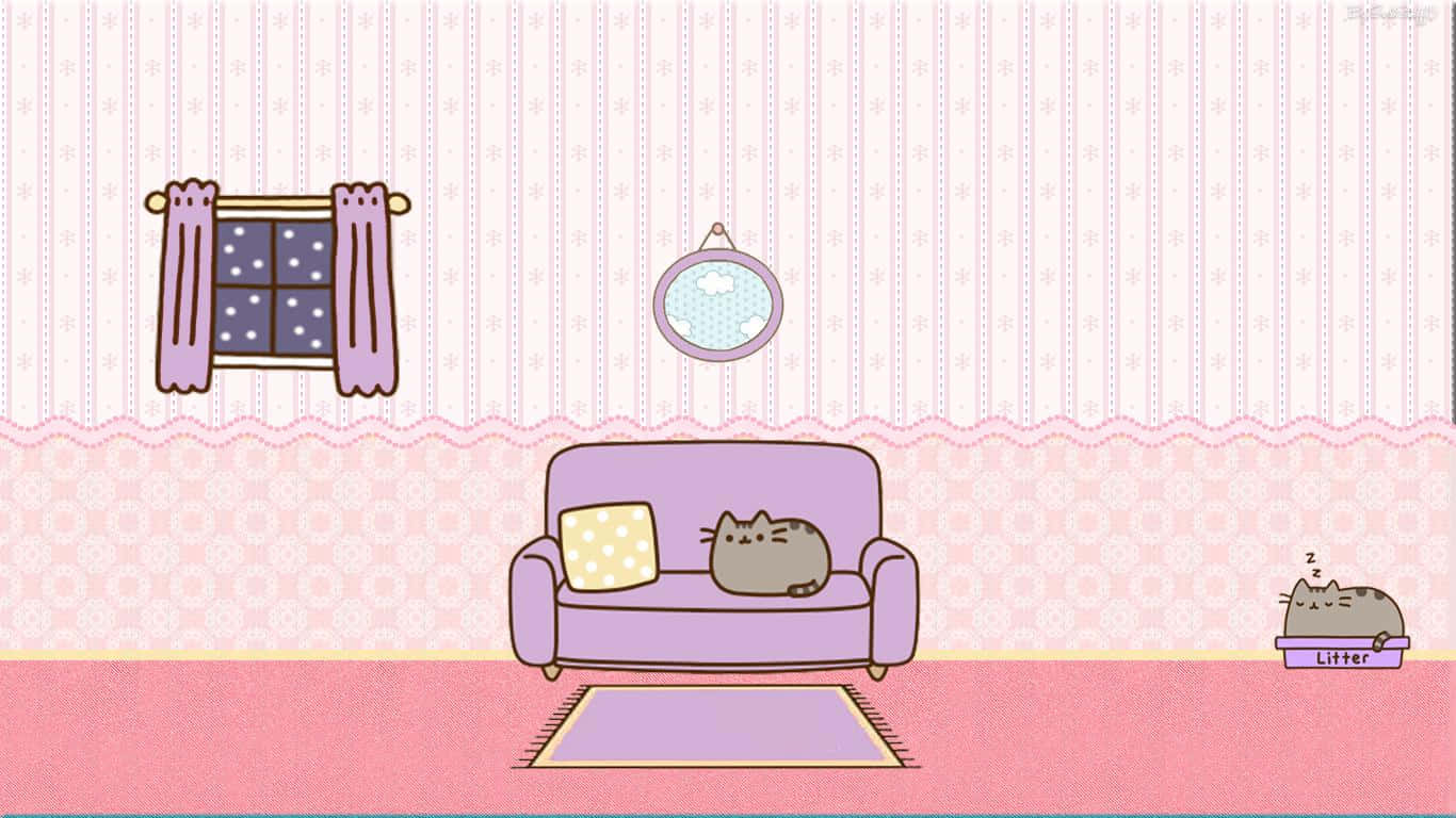 Pusheen Kawaii In The Living Room Wallpaper