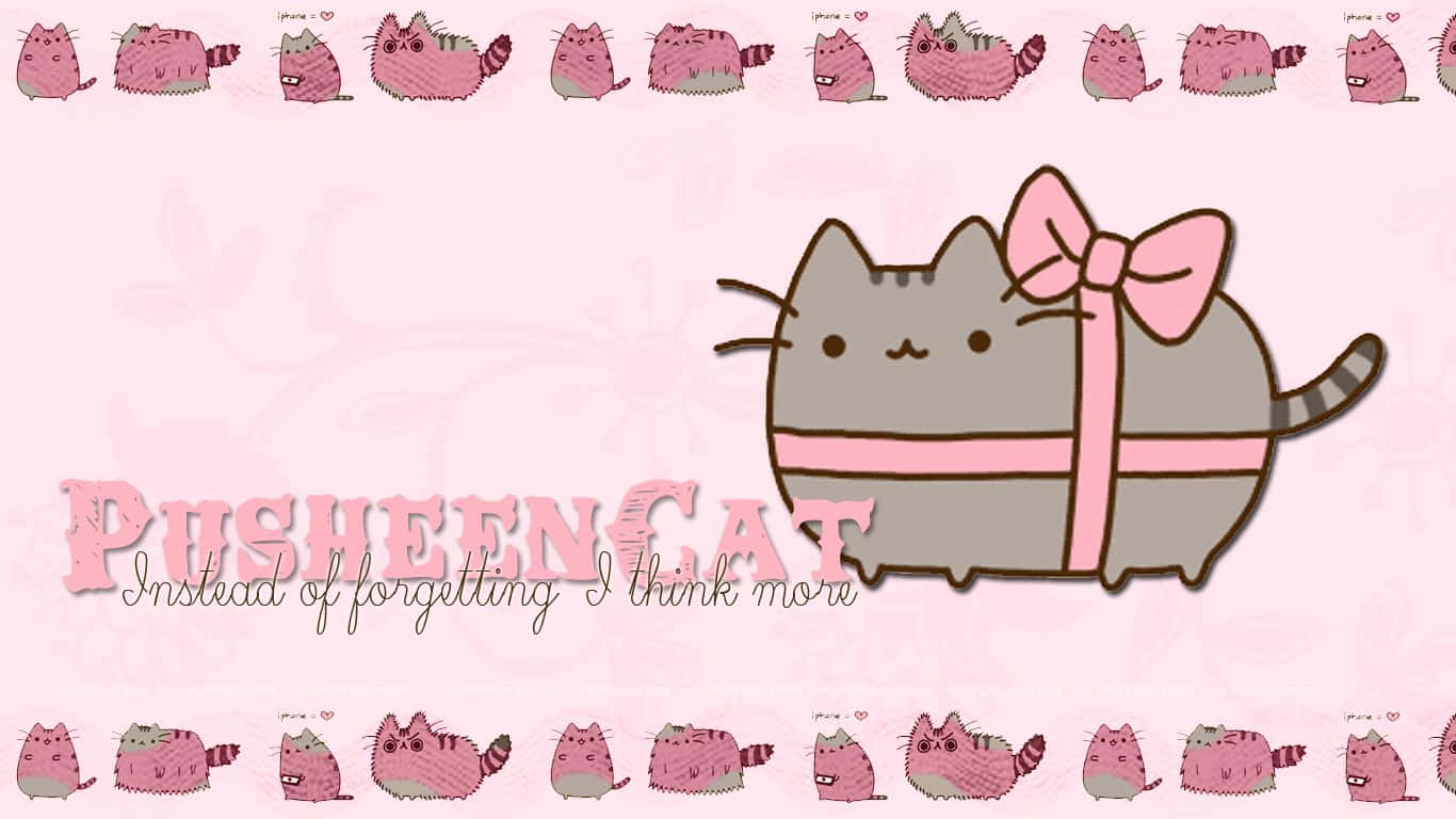 Pusheen Kawaii With A Pink Bow Wallpaper