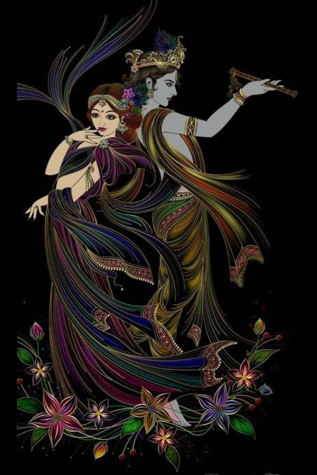 Radha-krishna Art Black Background Wallpaper