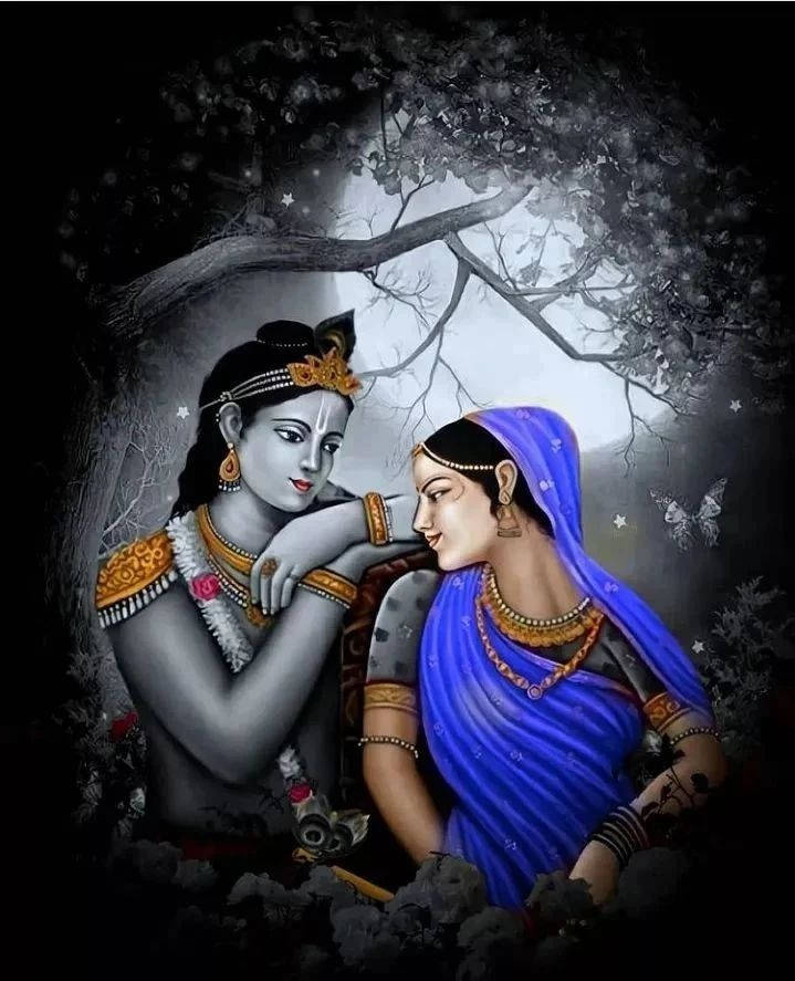 Radha-krishna Grey Moon Wallpaper