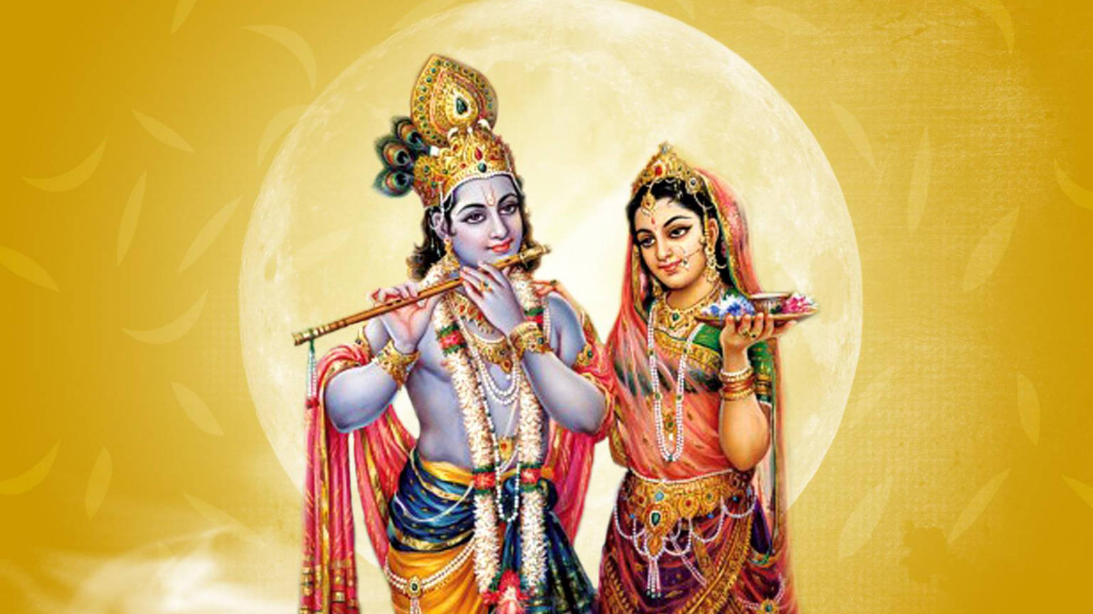 Radha-krishna Moon Yellow Background Wallpaper