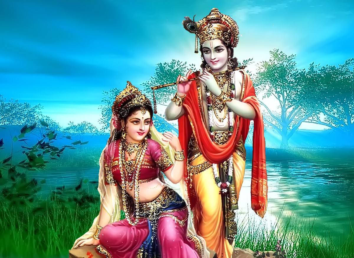 Radha-krishna River Art Wallpaper