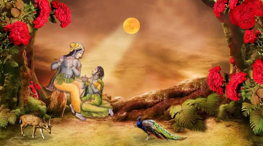 Radha-krishna Yellow Moon Wallpaper