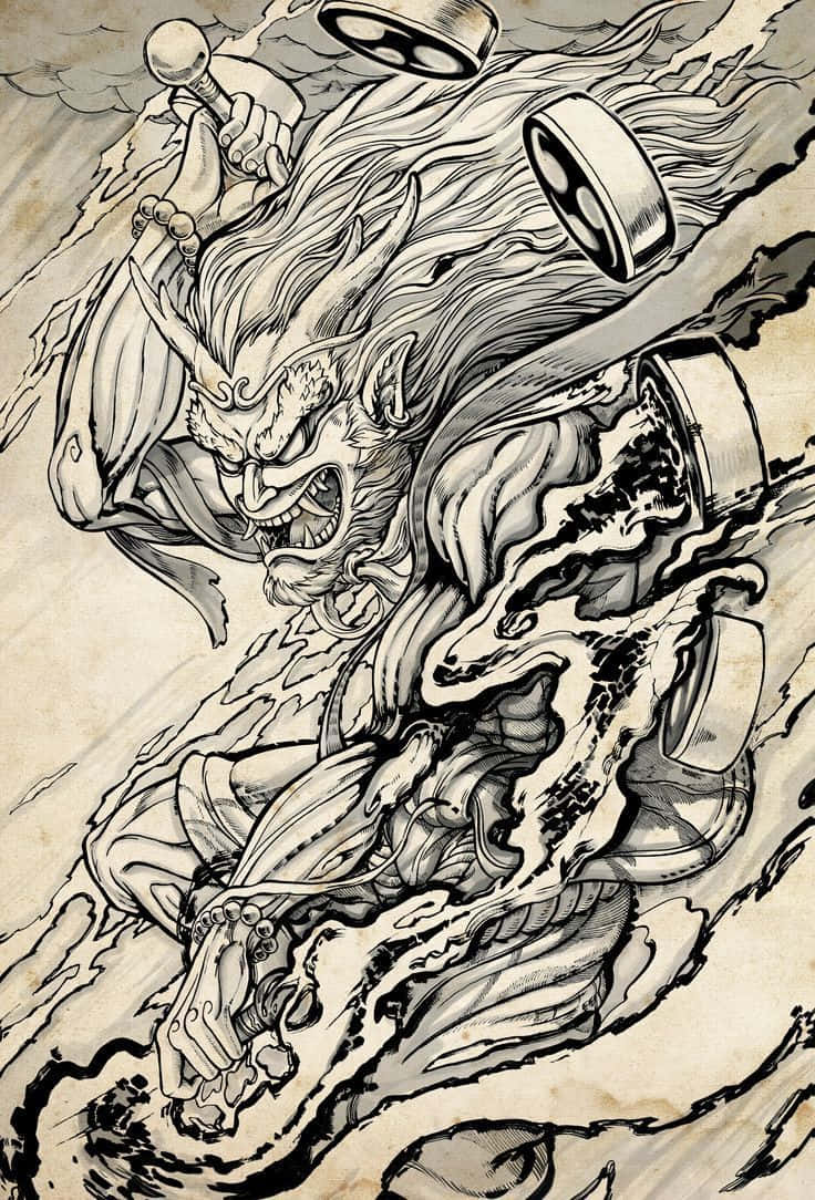 Raijin, The Japanese God Of Thunder, Depicted In A Striking Illustration Wallpaper