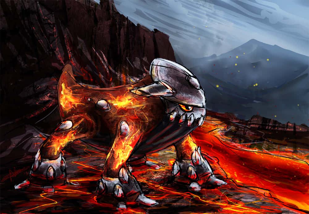 Realistic Heatran On Lava Illustration Wallpaper