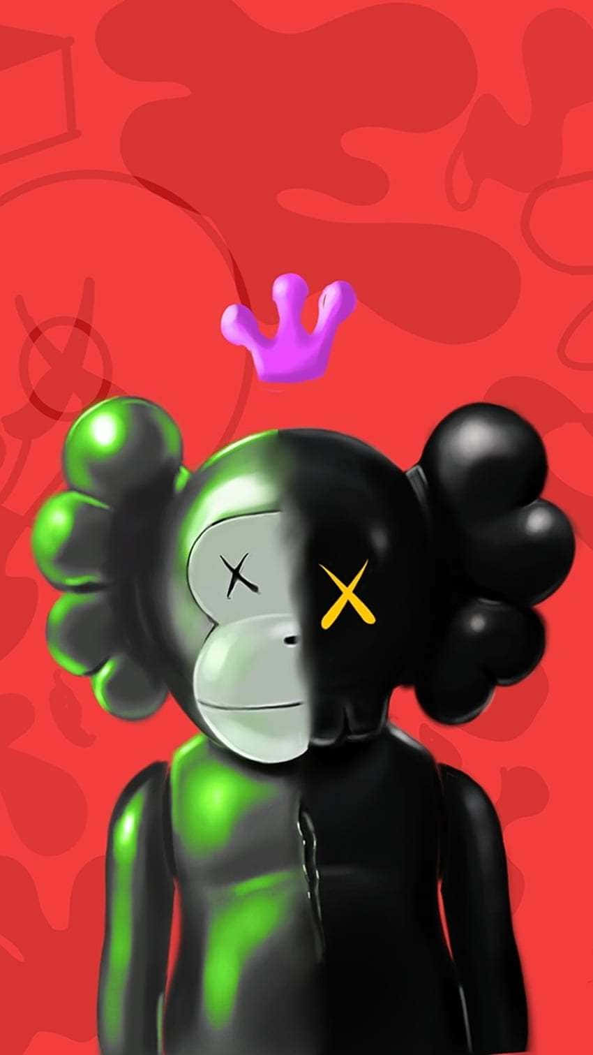 Red Background Kaws Figurewith Crown Wallpaper