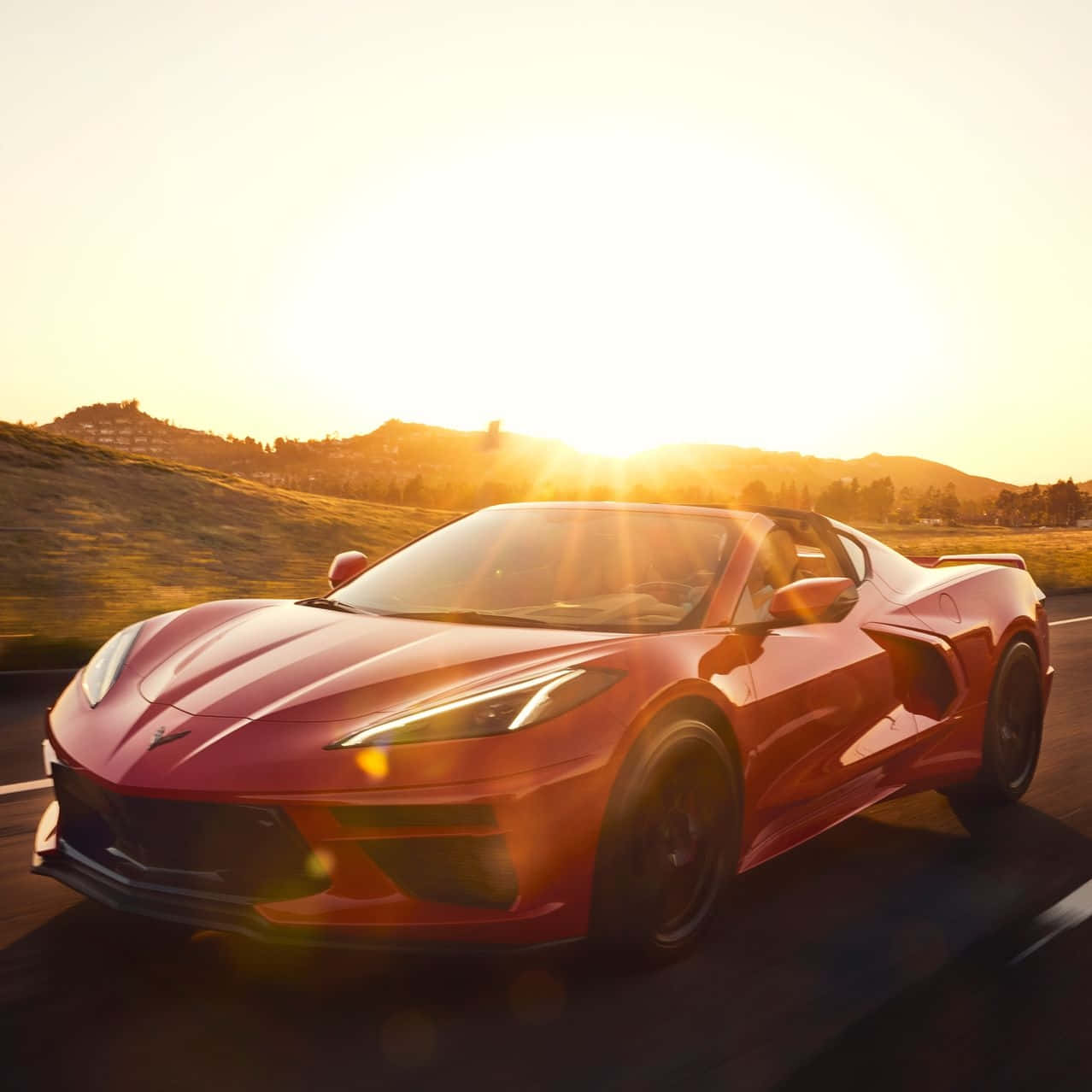 Red Corvette C8 Sunset Drive Wallpaper