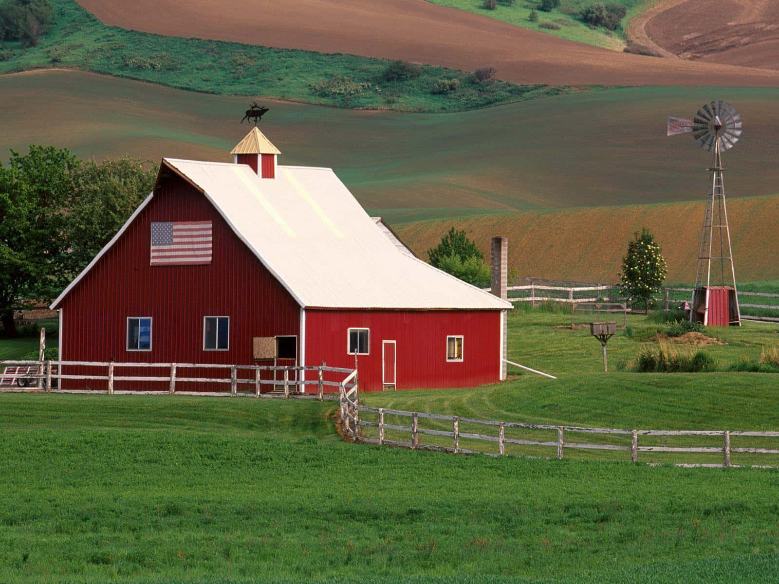 Red Farmhouse With Windmill Wallpaper