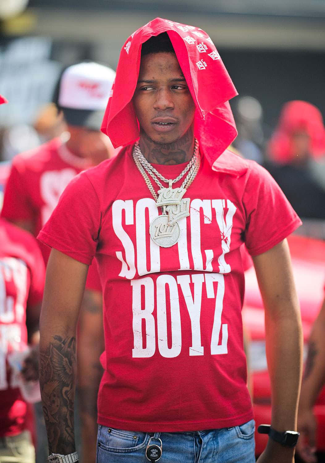 Red Hooded Figurein So Icy Boyz Shirt Wallpaper