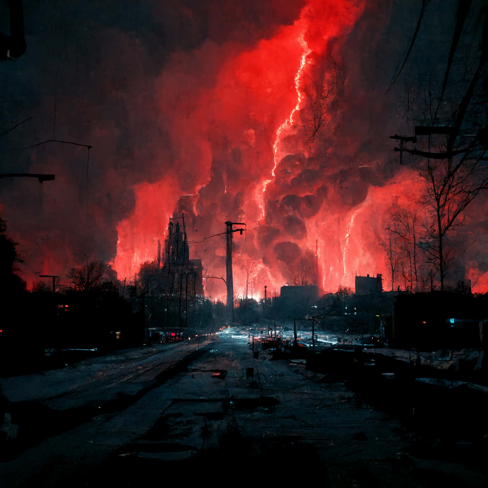 Red Lightning Bolt Over City Wallpaper