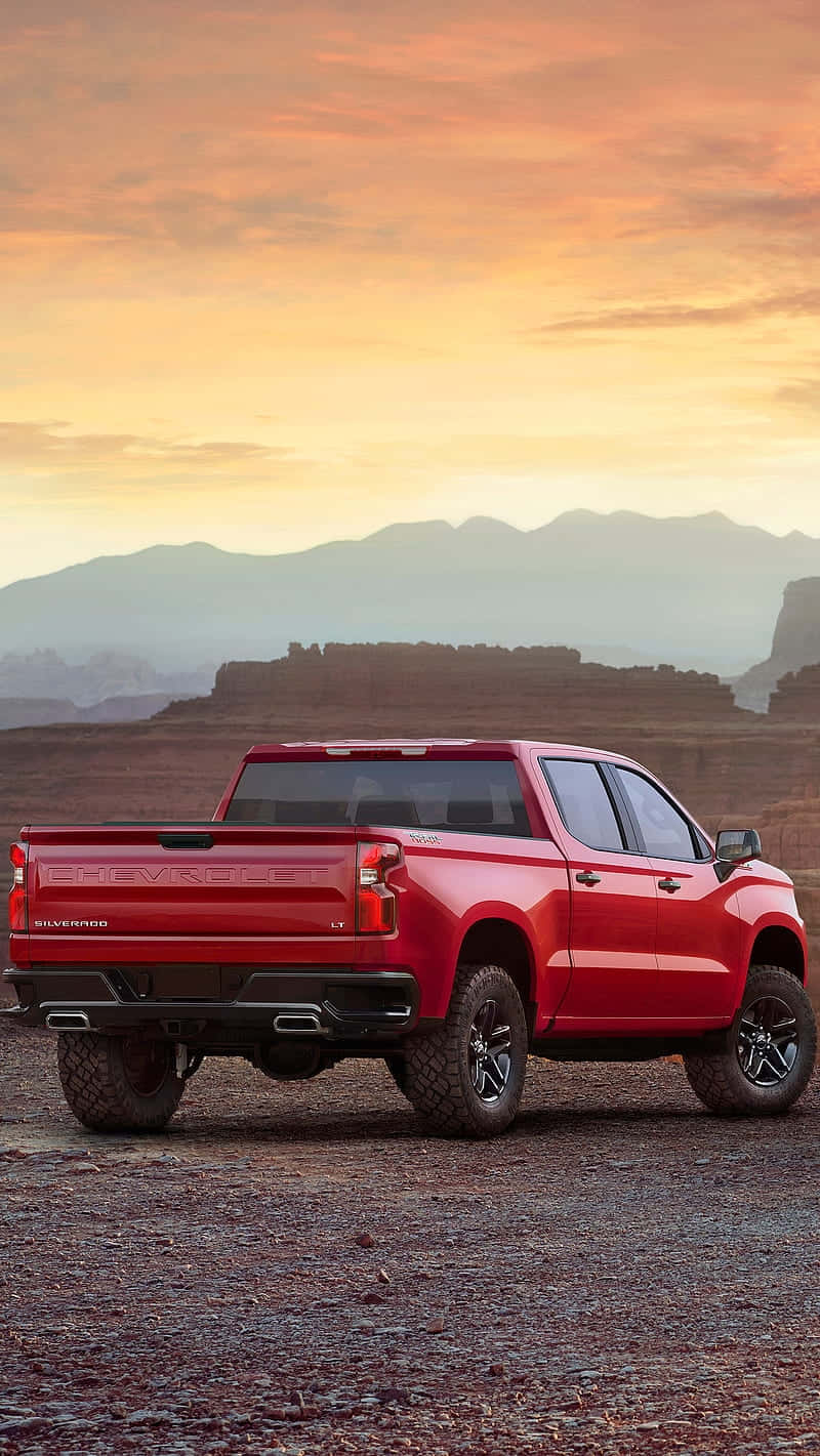 Red Pickup Truck Sunset Desert Wallpaper