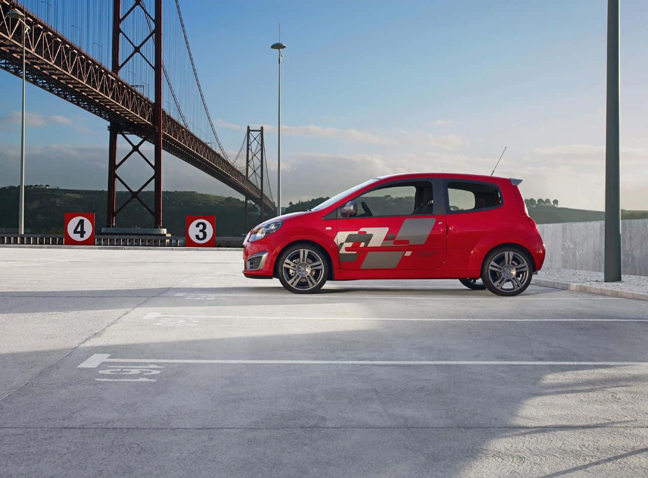 Red Renault Twingo Bridge Background Wallpaper