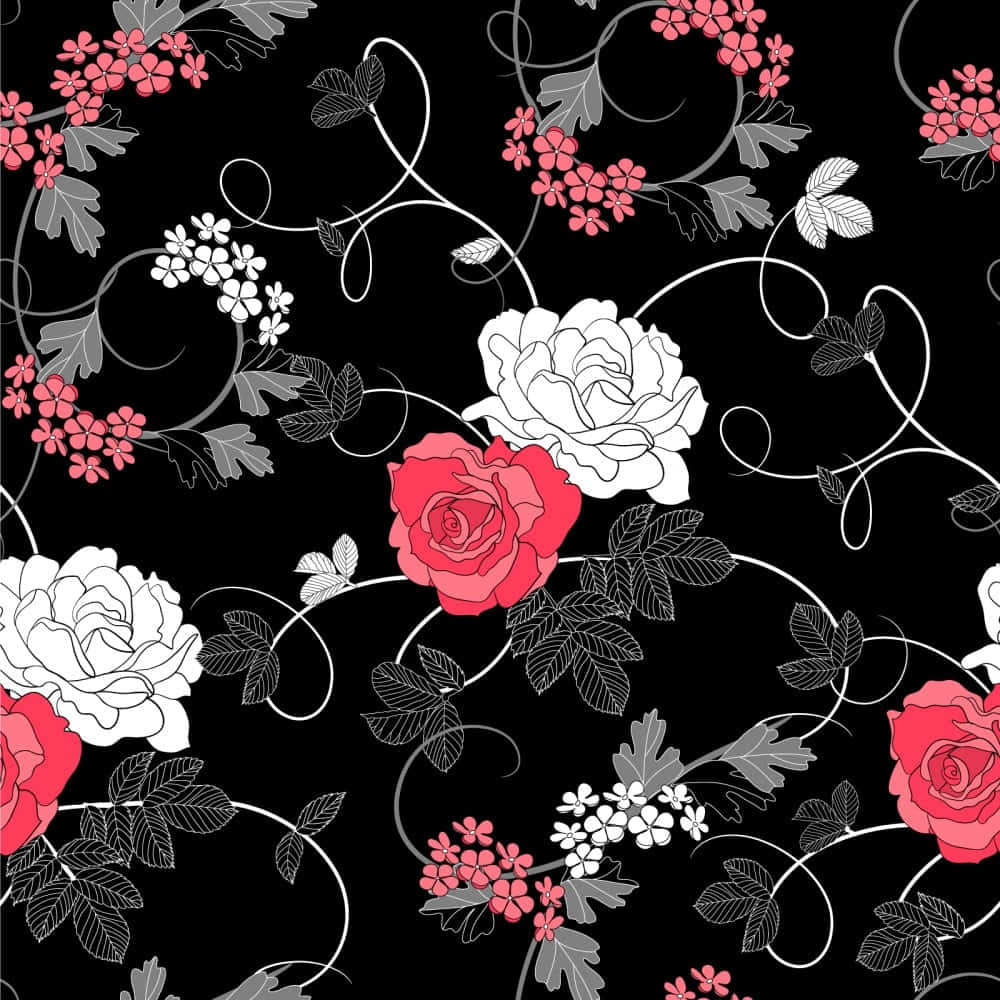 Redand White Roseson Black Pattern Wallpaper