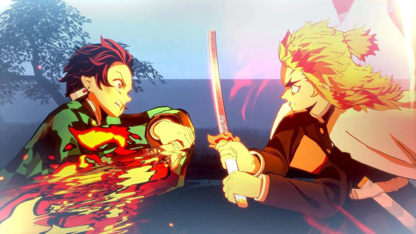 Rengoku And Tanjiro In Action Wallpaper