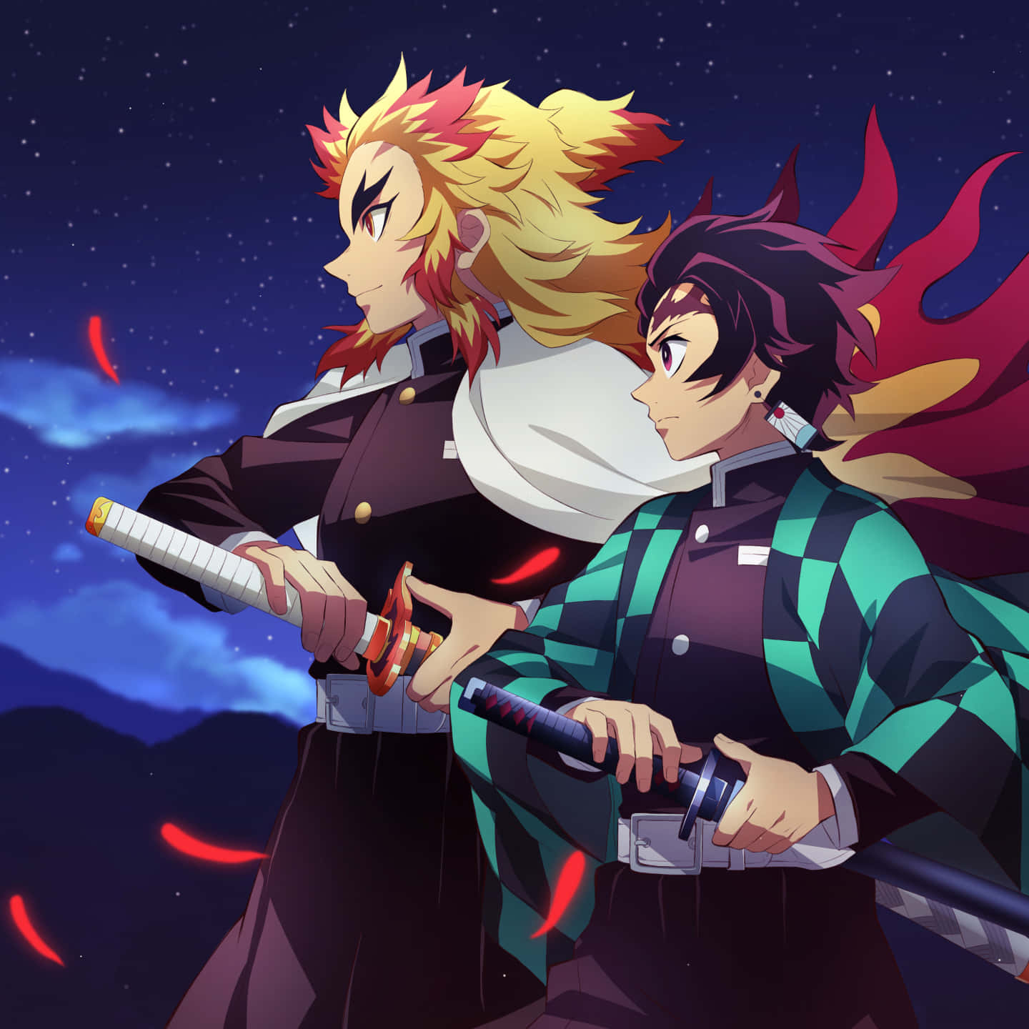 Rengoku And Tanjiro Teaming Up In Fiery Combat Wallpaper