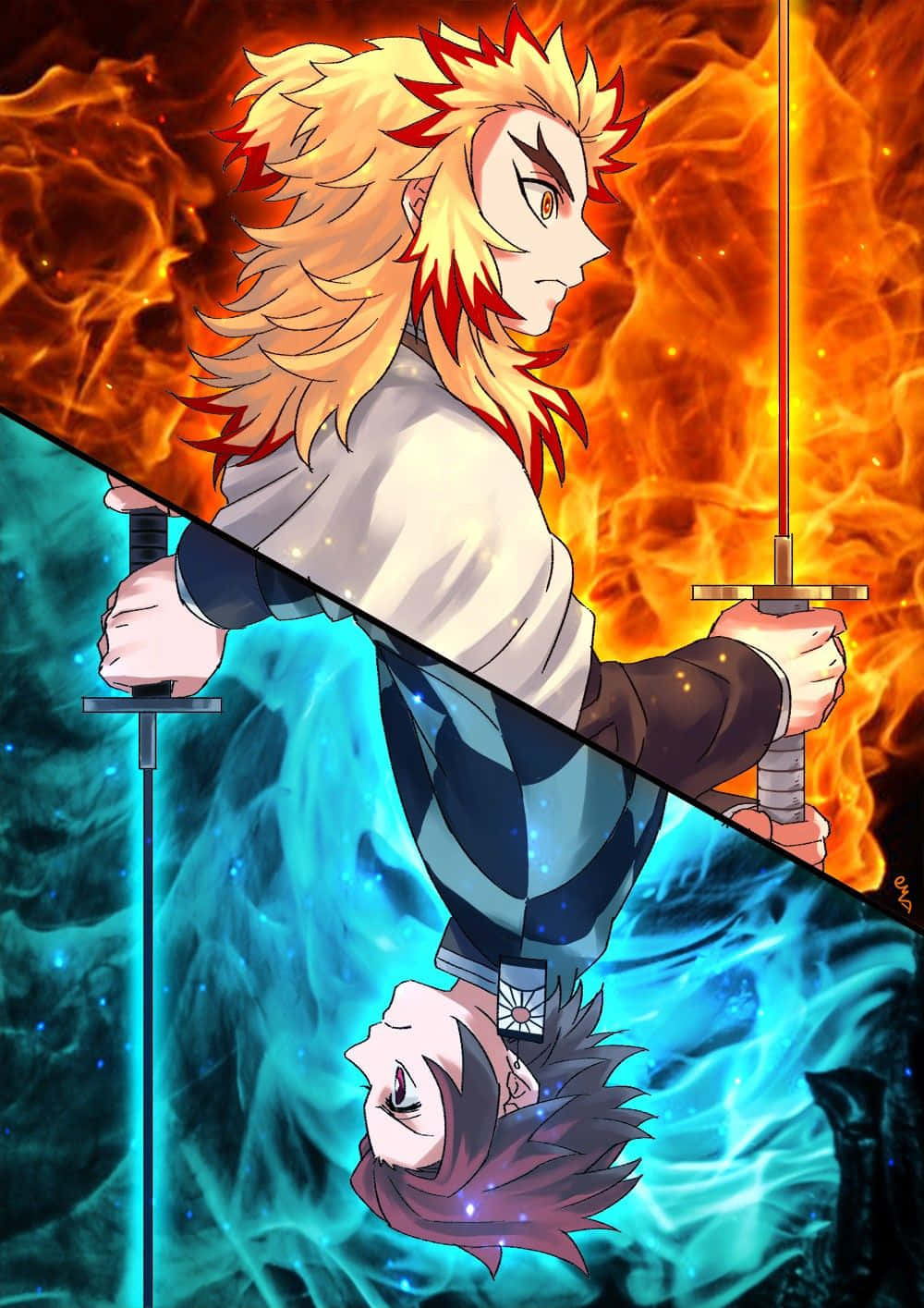 Rengoku And Tanjiro - The Powerful Duo In Action Wallpaper