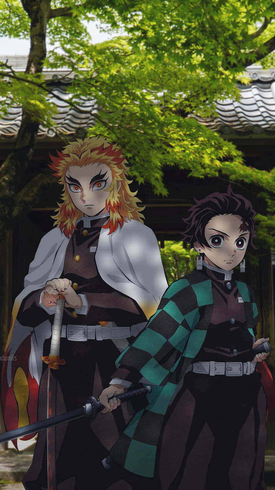 Rengoku And Tanjiro Together In An Epic Action-filled Moment Wallpaper